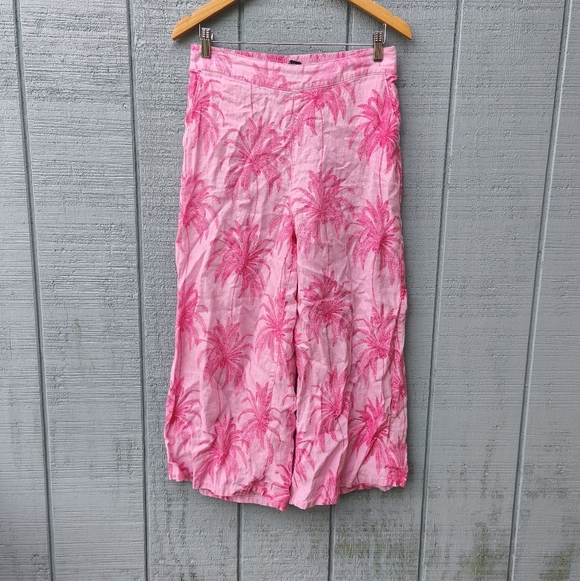 Tahari Pants - Tahari 100% Linen Palm Print Wide Leg Pants sz L Pink Coastal Resort Chic